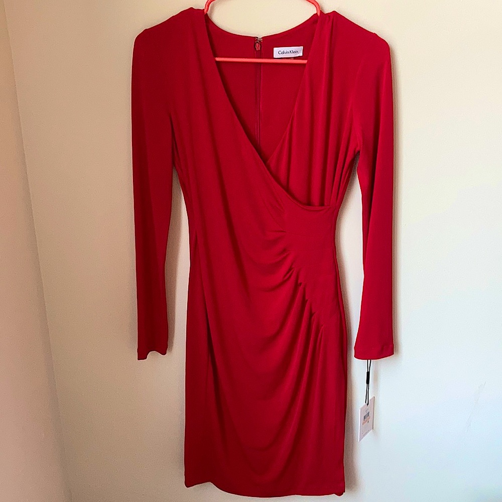 Calvin Klein NWT Red Long Sleeve Wrap Dress